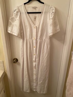 Madewell White Button-Front Midi Dress with Eyelet Puff Sleeves
